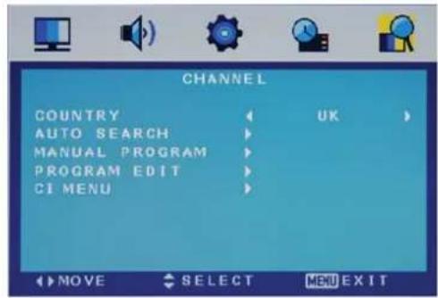 CHANNEL COUNTRY AUTO SEARCH MANUAL PROGRAM PROGRAM EDIT CI MENU UK MOVE SELECT MENU EXIT