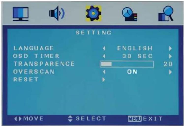 SETTING LANGUAGE OSD TIMER TRANSPARENCE OVERSCAN RESET ENGLISH 30 SEC 20 ON MOVE SELECT MENU EXIT