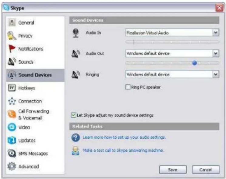 Skype General Privacy Notifications Sounds Sound Devices Audio In Realusion Virtual Audio Audio Out Windows default device Ringing Windows default device Ring PC speaker Let Skype adjust my sound device settings Related Tasks Learn more how to set up your audio settings. Make a test call to Skype answering machine. Save Cancel