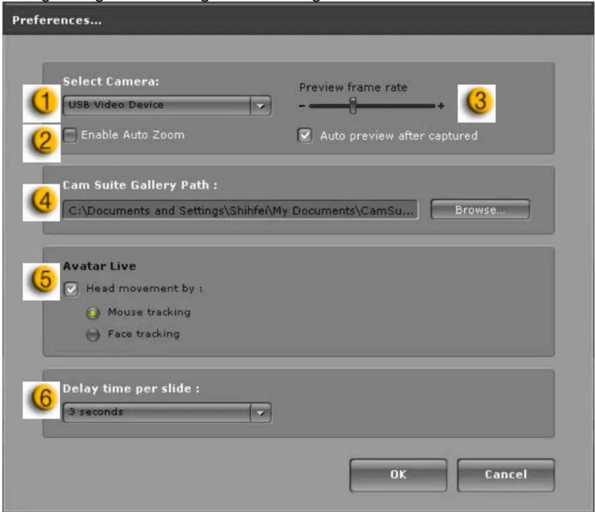 Preferences... Select Camera: USB\Video Device Preview frame rate - 3 Enable Auto Zoom Auto preview after captured Cam Suite Gallery Path : C:\Documents and Settings\Shihfei\My Documents\CamSu... Browse... Avatar Live Head movement by : Mouse tracking Face tracking Delay time per slide : 3 seconds OK Cancel