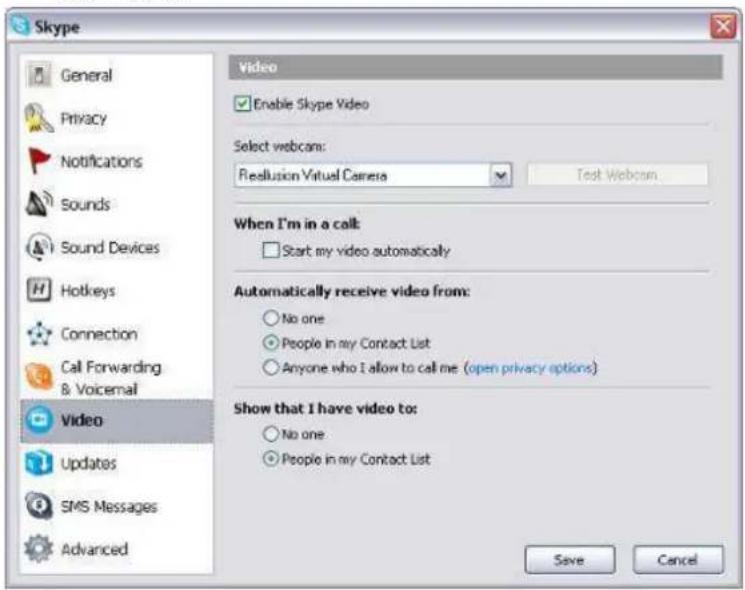 Skype General Privacy Notifications Sounds Sound Devices Hotkeys Connection Call Forwarding & Voicemail Video Updates SMS Messages Advanced Video Enable Skype Video Select webcam: Restlusion Virtual Camera Test Webcam. When I'm in a call: Start my video automatically Automatically receive video from: No one People in my Contact List Anyone who I allow to call me (open privacy options) Show that I have video to: No one People in my Contact List Save Cancel