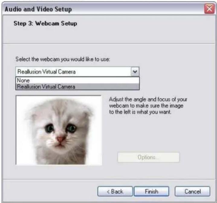 Audio and Video Setup Step 3: Webcam Setup Select the webcam you would like to use: Reallusion Virtual Camera None Reallusion Virtual Camera Adjust the angle and focus of your webcam to make sure the image to the left is what you want. Options... < Back Finish Cancel