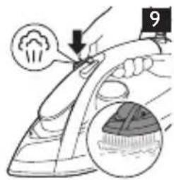 Diagram showing a hand using an iron with a magnified inset highlighting a specific area, labeled with number 9.