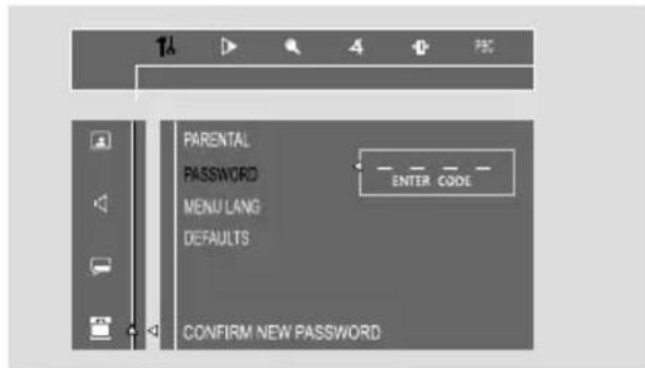 PARENTAL PASSWORD MENU LANG DEFAULTS CONFIRM NEW PASSWORD ENTER CODE