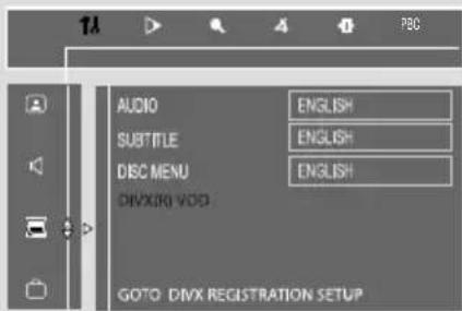 AUDIO SUBTITLE DISC MENU DIVX(R) VDD GOTO: DIVX REGISTRATION SETUP ENGLISH ENGLISH ENGLISH