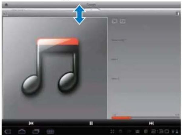 Screenshot of a music editing software interface showing a musical note icon with playback controls and a blue arrow pointing to the right.