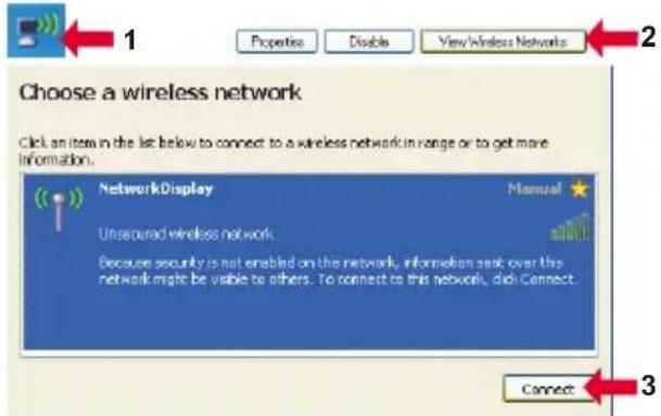Choose a wireless network Click an item in the list below to connect to a wireless network in range or to get more information. NetworkDisplay Unsecured wireless network Because security is not enabled on the network, information seek over the network might be visible to others. To connect to this network, click Connect. Connect