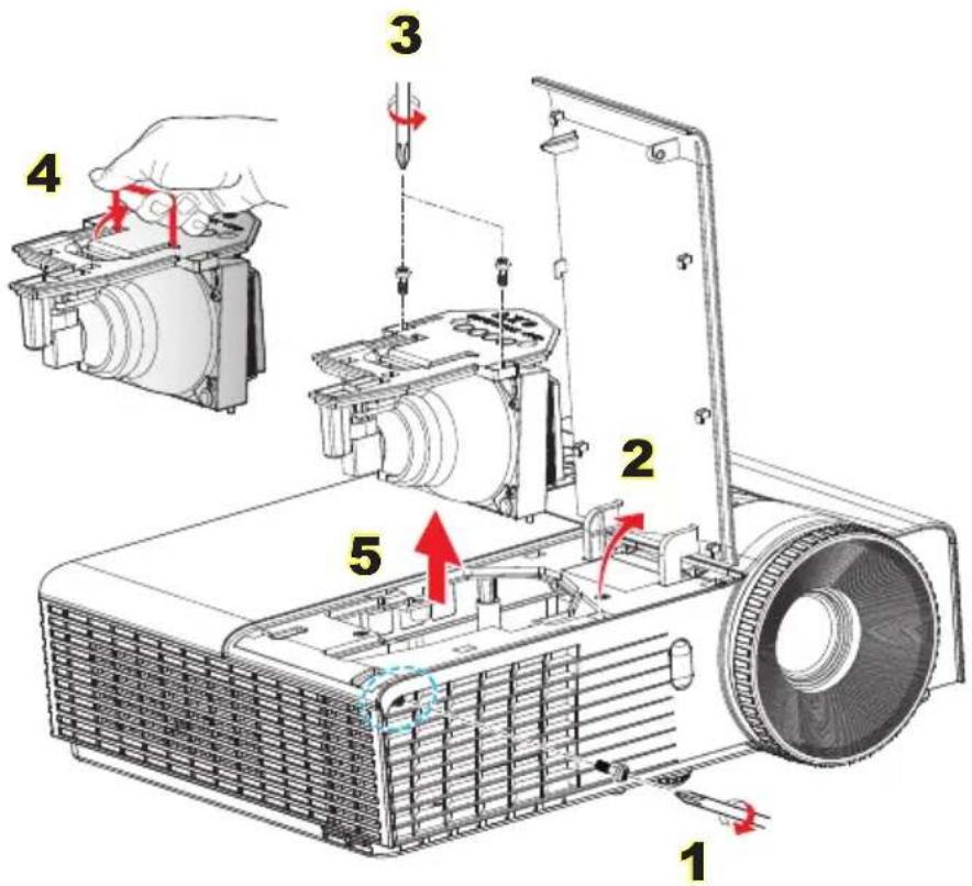 Technical diagram of an projector with labeled components and directional arrows indicating assembly steps