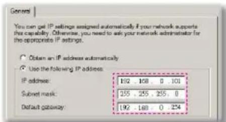 General You can get IP settings assigned automatically if your network supports the capability. Otherwise, you need to ask your network administrator for the appropriate IP settings. ○ Obtain an IP address automatically ○ Use the following IP address: IP address: 192 168 0 101 Subset mask: 255 255 255 0 Default gateway: 192 168 0 254