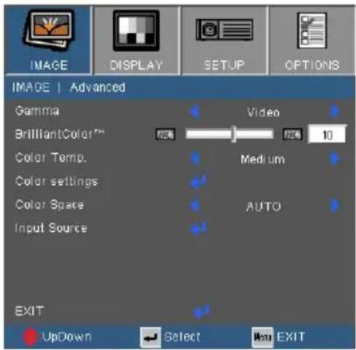 IMAGE | Advanced Gamma BrilliantColor™ Color Temp. Color settings Color Space Input Source Video 10 Medium AUTO EXIT UpDown Select Next EXIT