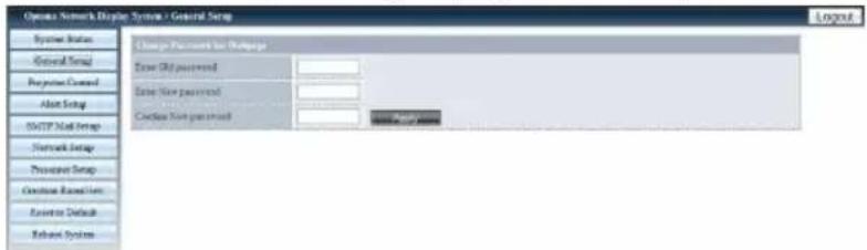 Openus Network Display System / General Setup System Status General Setup Request Control Alert Setup SMTP Net Setup Network Setup Pressure Setup Coast Access Access Default Release System Change Document for Package User Out password User Save password Coast Not password New Account