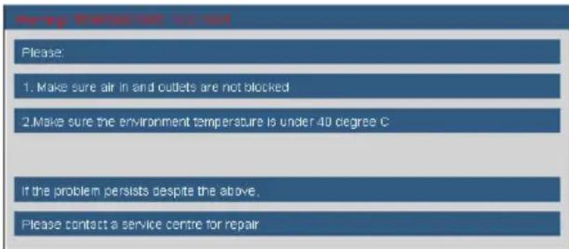 Please: 1. Make sure air in and outlets are not blocked 2. Make sure the environment temperature is under 40 degree C If the problem persists despite the above. Please contact a service centre for repair