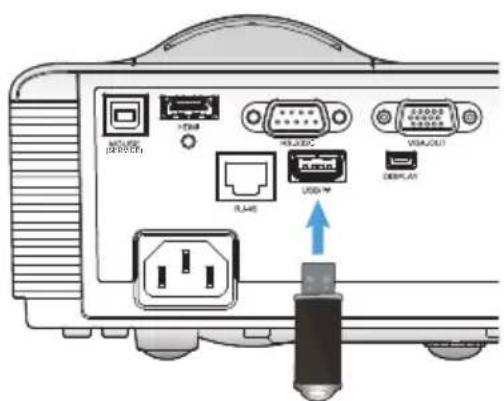Diagram of an electronic device rear panel with labeled ports and connectors, including USB port and USB drive indicators.