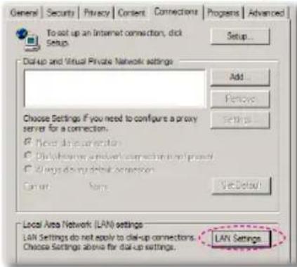 General | Security | Privacy | Content | Connections | Programs | Advanced To set up an Internet connection, disk Setup... Add... Remove... Settings... Choose Settings If you need to configure a proxy server for a connection. ✓ New dial-up connections ✓ Delete the network connection in the project ✓ Always do my detail connection Current Name: Not Default Local Area Network (LAN) settings LAN Settings do not apply to dial-up connections. Choose Settings above for dial-up settings. LAN Settings