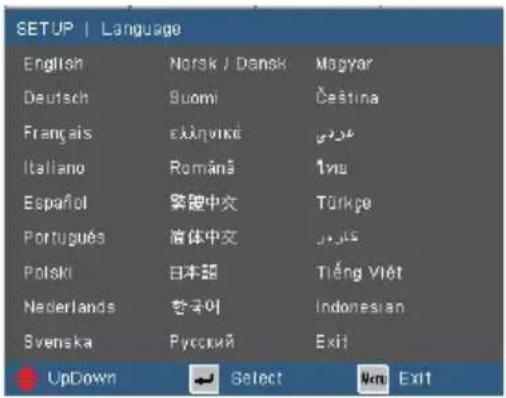 SETUP | Language English Norsk / Densk Magyar Deutsch Suomi Čestina Français exšnivikė Švěrý Italiano Románá 1vu Español 繁體中文 Türkpe Portugues 宋体中文 čakrovi Polski 日本語 Tiếng Viêt Nederlands 한국어 Indonesian Svenska Ryckniš Exit UpDown Select Next Exit