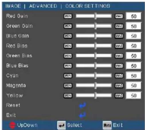 IMAGE | ADVANCED | COLOR SETTINGS Red Gain Green Gain Blue Gain Red Bias Green Bias Blue Bias Cyan Magenta Yellow Reset Exit UpDown Select Mini Exit