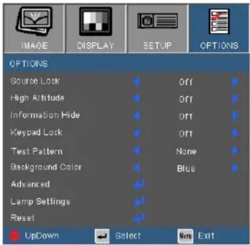 IMAGE DISPLAY SETUP OPTIONS Source Lock Off High Altitude Off Information Hide Off Keypad Lock Off Test Pattern None Background Color Blue Advanced Lamp Settings Reset UpDown Select New Exit