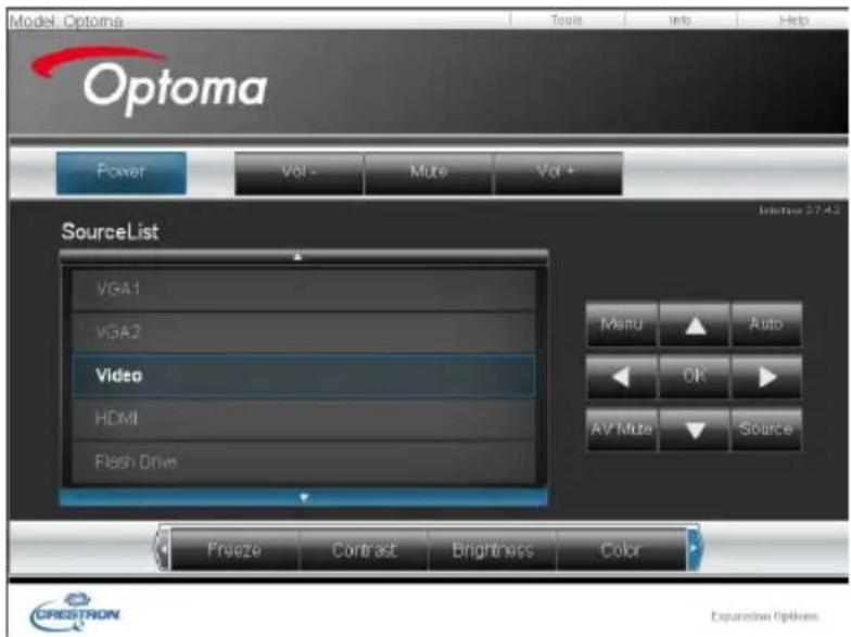 Model Optoma Optoma Power Vol - Mute Vol + SourceList VGA1 VGA2 Video HDMI Flash Drive Menu Auto OK AV Mute Source Freeze Contrast Brightness Color CRESTRON Expansible Options