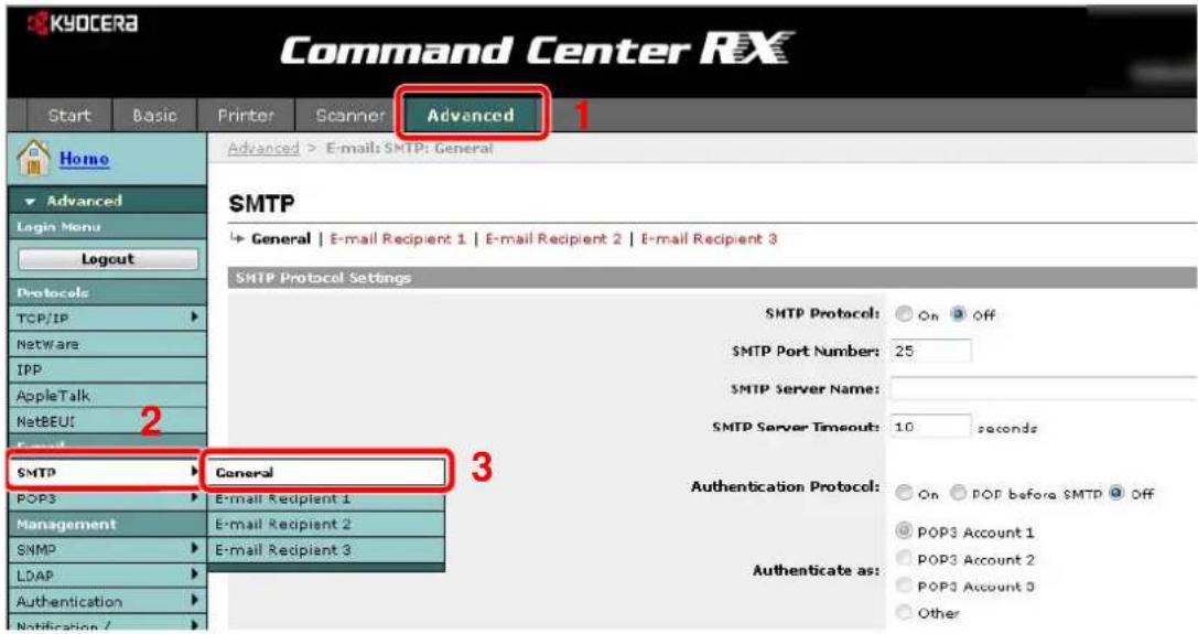 KYOCERA Command Center RX Start Basic Printer Scanner Advanced 1 Home Advanced > E-mail: SMTP: General SMTP ► General | E-mail Recipient 1 | E-mail Recipient 2 | E-mail Recipient 3 SMTP Protocol Settings SMTP Protocol: On Off $MTP Port Number: 25 SMTP Server Name: SMTP Server Timeout: 10 solutions SMTP General POP3 E-mail Recipient 1 Management E-mail Recipient 2 SNMP E-mail Recipient 3 Authentication Protocol: On POP before SMTP Off POP3 Account 1 POP3 Account 2 POP3 Account 3 Other LDAP Authentication Notification /