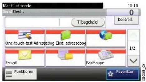 Klar til at sende. Send Dest.: 10:10 0 Tillbagekald Kontroll. One-touch-tast Adressebog Ekst. adressebog 1/2 E-mail FaxMappe Funktioner Favorite