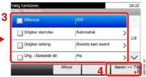 Vælg funktioner. Tilføl - Funktioner Filformat PDF Original størrelse Automatisk Original retning Øverste kant øverst Orig. I blandede str.Fra Afbryd Næste >< Tiltføl