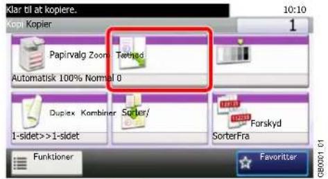 Klar til at kopiere. 10:10 Kop. Kopier Papirvalg Zoom Method Automatisk 100% Normal 0 Duplex Kombiner Sorter/ 1-sidet>>1-sidet SorterFra Forskyd Funktioner Favoritter GB0007-01
