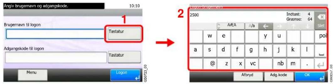 Angiv brugernavn og adgangskode. 10:10 Brugernavn til logon Tastatur Adgangskode til logon Tastatur Menu Logon 2500 Indtast: 4 Graense: 64 Slet AEA A/a w e y u poi a s d f g h j k l @ z x vc nb m . Afbryd Adg. kode OK