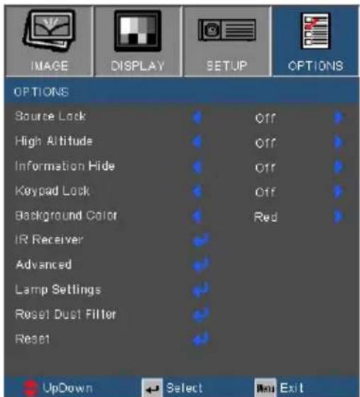 IMAGE DISPLAY SETUP OPTIONS Source Lock Off High Altitude Off Information Hide Off Keypad Lock Off Background Color Red IR Receiver Advanced Lamp Settings Reset Dust Filter Reset UpDown Select Run Exit