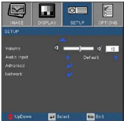IMAGE DISPLAY SETUP OPTIONS SETUP Volume Audio Input Advanced Network 10 Default UpDown Select Exit