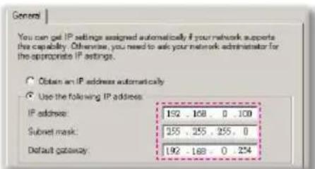 General You can get IP settings assigned automatically if your network supports the capability. Otherwise, you need to ask your network administrator for the appropriate IP settings. ○ Obtain an IP address automatically ○ Use the following IP address: IP address: 192 . 168 . 0 . 100 Subset mask: 255 . 255 . 255 . 0 Default gateway: 192 . 168 . 0 . 254