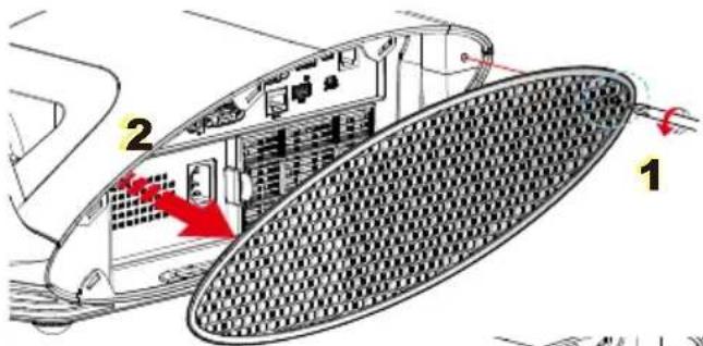 Technical diagram showing internal components of a device with labeled parts 1 and 2, highlighting a red arrow indicating a specific area.