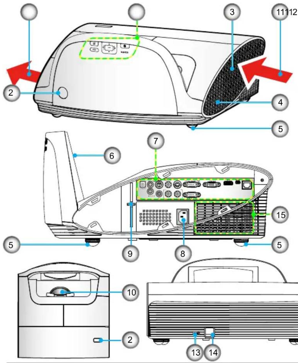 Technical diagram of an air conditioner unit with numbered components and red arrows indicating motion or flow.