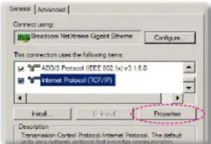 General | Advanced | Connect using: Broadcom NetXtreme Gigabit Ethene Configure... This connection uses the following items: AEGIS Protocol (IEEE 802.1x) v3.1.6.0 Internet Protocol (TCP/IP) Install... Un installed Properties Description Transmission Control Protocol/Internet Protocol. The default is done as a network protocol that implies consensus protection