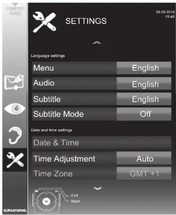 COMFORT GUIDE SETTINGS 20.09.2010 15:48 Language settings Menu English Audio English Subtitle English Subtitle Mode Off Date and time settings Date & Time Time Adjustment Auto Time Zone GMT +1 Exit Back GRUNDIG