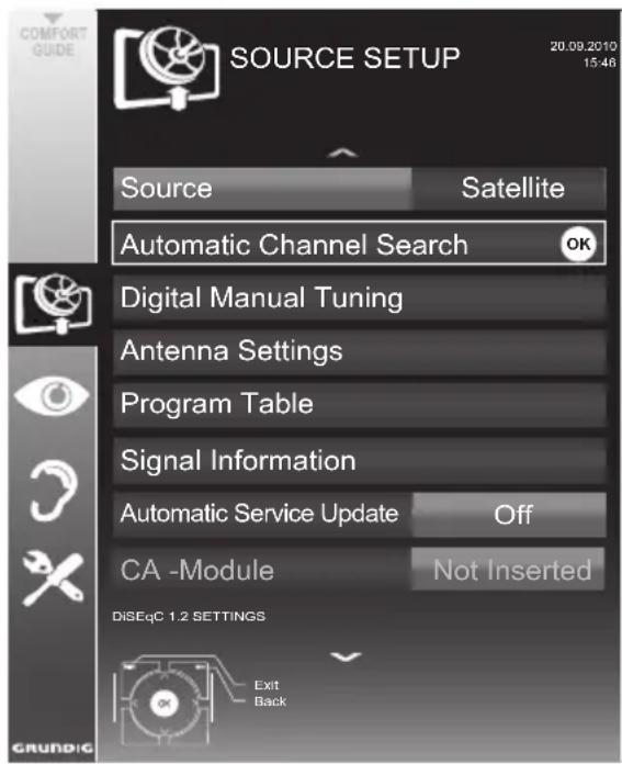 SOURCE SETUP 20.09.2010 15:46 Source Satellite Automatic Channel Search OK Digital Manual Tuning Antenna Settings Program Table Signal Information Automatic Service Update Off CA -Module Not Inserted DiSEqC 1.2 SETTINGS Exit Back GRUNDIC