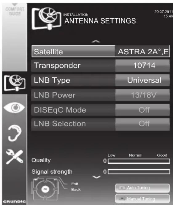 COMFORT GUIDE INSTALLATION ANTENNA SETTINGS 20.07.2011 15:46 Satellite ASTRA 2A°,E Transponder 10714 LNB Type Universal LNB Power 13/18V DISEqC Mode Off LNB Selection Off Quality Low Normal Good Signal strength 0 Exit Back Auto Tuning Manual Tuning GRUNDIC