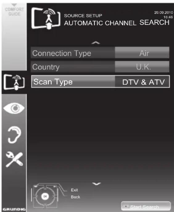 SOURCE SETUP AUTOMATIC CHANNEL SEARCH 20.09.2010 15:46 Connection Type Air Country U.K. Scan Type DTV & ATV Exit Back Start Search