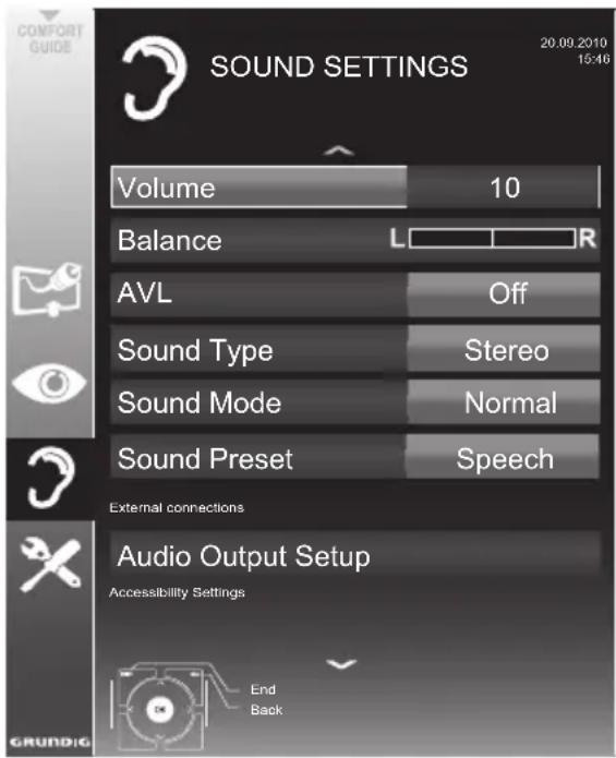SOUND SETTINGS Volume 10 Balance L R AVL Off Sound Type Stereo Sound Mode Normal Sound Preset Speech External connections Audio Output Setup Accessibility Settings End Back GRUNDIG
