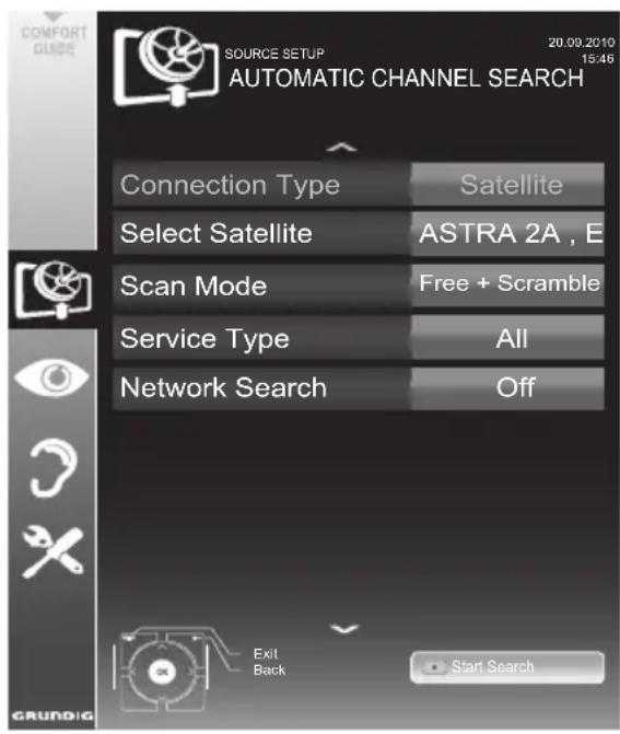 SOURCE SETUP AUTOMATIC CHANNEL SEARCH 20.09.2010 15:46 Connection Type Satellite Select Satellite ASTRA 2A , E Scan Mode Free + Scramble Service Type All Network Search Off Exit Back Start Search GRUNDIG