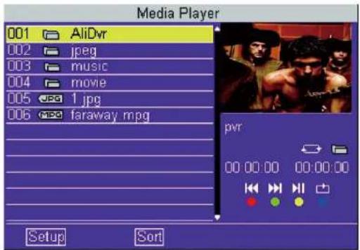 Media Player 001 AliDvr 002 jpeg 003 music 004 movie 005 1.jpg 006 faraway.mpg pvr 00:00:00 00:00:00 Setup Sort