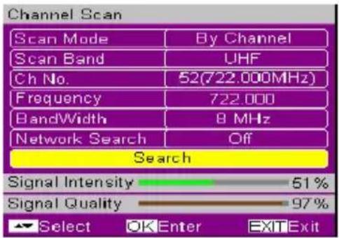 Channel Scan Scan Mode By Channel Scan Band UHF Ch No. 52(722.000MHz) Frequency 722.000 BandWidth 8 MHz Network Search Off Search Signal Intensity 51% Signal Quality 97% Select OK Enter EXITExit