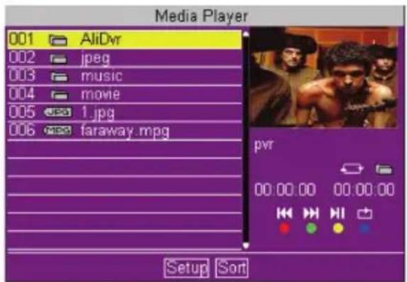 Media Player 001 AliDvr 002 jpeg 003 music 004 movie 005 1.jpg 006 faraway.mpg pvr 00:00:00 00:00:00 Setup Sort