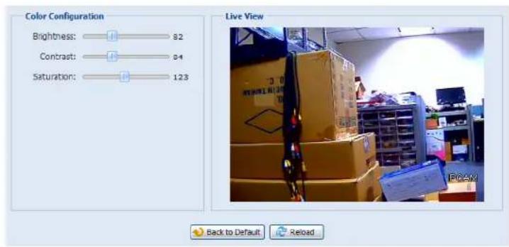 Color Configuration Brightness: 82 Contrast: 94 Saturation: 123 Live View Back to Default Reload