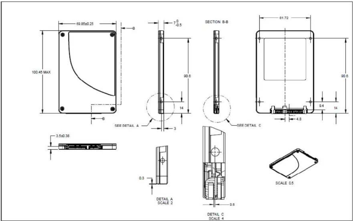 100.45 MAX 69.85±0.25 B 7.0 -0.5 SECTION B-B 90.6 14 90.6 3.5±0.38 SEE DETAIL A 3 SEE DETAIL C 4.8 90.6 9.4 14 3.5±0.38 DETAIL A SCALE 2 DETAIL C SCALE 4 SCALE 0.5