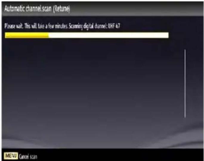 Automatic channel scan (Retune) Please wait. This will take a few minutes. Scanning digital channel: UHF 47 MENU Cancel scan