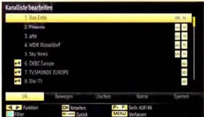 Kanalliste bearbeiten 1. Das Erste 2. Phoenix 3. arte 4. WDR Düsseldorf 5. Sky News 6. CNBC Europe 7. TV:SMONDE EUROPE 8. DW-TV OK Bevegen Ürschen Name Sperren Funktion OK Ansehen P+ P- Seite AUF/AB Filter WT: 0400 Zurück MENU Verlassen