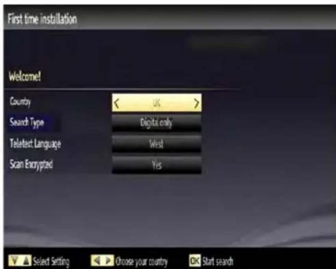 First time installation Welcome! Country < UK > Search Type Digital only Teletect Language West Scan Enrypted Yes Select Setting Choose your country OK Start search