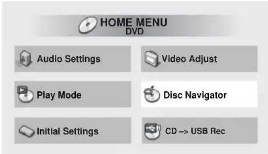 HOME MENU DVD Audio Settings Video Adjust Play Mode Disc Navigator Initial Settings CD -> USB Rec