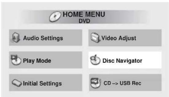 HOME MENU DVD Audio Settings Video Adjust Play Mode Disc Navigator Initial Settings CD -> USB Rec