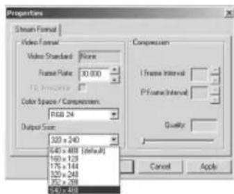Proportions Stream Format Video Format Value Standard: None Frame Rate: 30.000 Color Space / Compressor: RGB 24 Output Size: 320 x 240 640 x 488 [default] 160 x 129 170 x 144 320 x 248 350 x 269 640 x 488 Compression I frame Interval P frame Interval Quality: Cancel Apply
